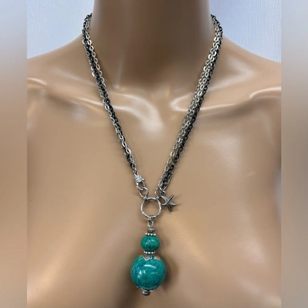 Chrysocolla Turquoise Blue Silver Tone Necklace with Larg Intricate Pendant - Picture 6 of 16